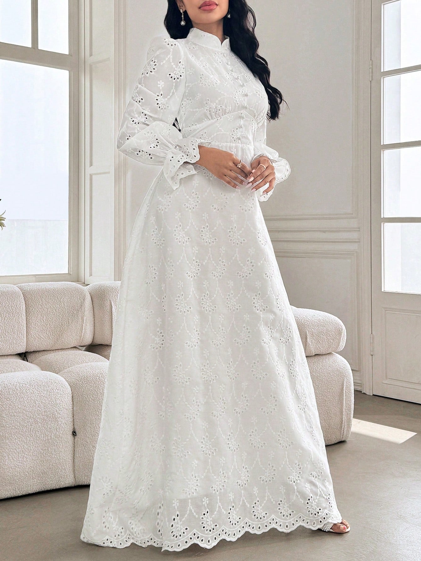 Modelyn Women's French Stand Collar Puff Sleeve Dress With Drape Design Fall Cloth For Women