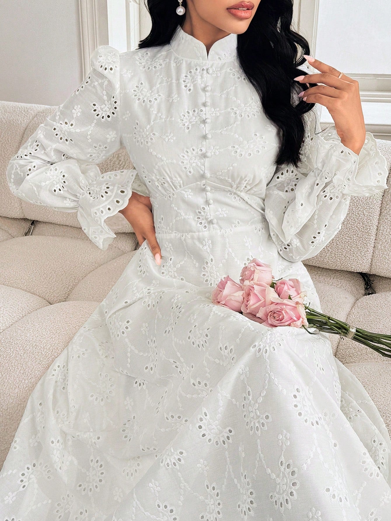 Modelyn Women's French Stand Collar Puff Sleeve Dress With Drape Design Fall Cloth For Women