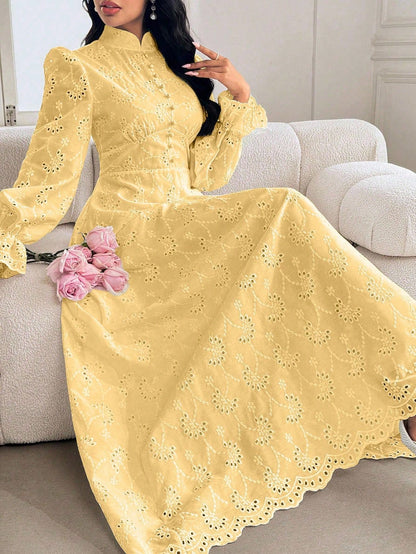 Modelyn Women's French Stand Collar Puff Sleeve Dress With Drape Design Fall Cloth For Women
