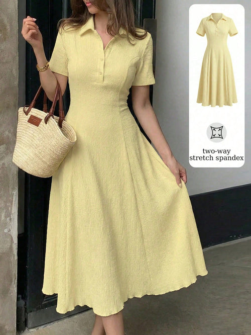 Modelyn Women's Pale Yellow Summer Elegant Tea Party Dress,Polo Collar Button-Front Textured A-Line Midi Dress,Short Sleeve Two-Way Stretch Spandex Knit Gown
