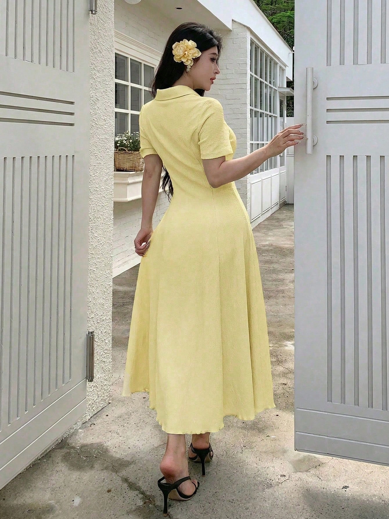 Modelyn Women's Pale Yellow Summer Elegant Tea Party Dress,Polo Collar Button-Front Textured A-Line Midi Dress,Short Sleeve Two-Way Stretch Spandex Knit Gown