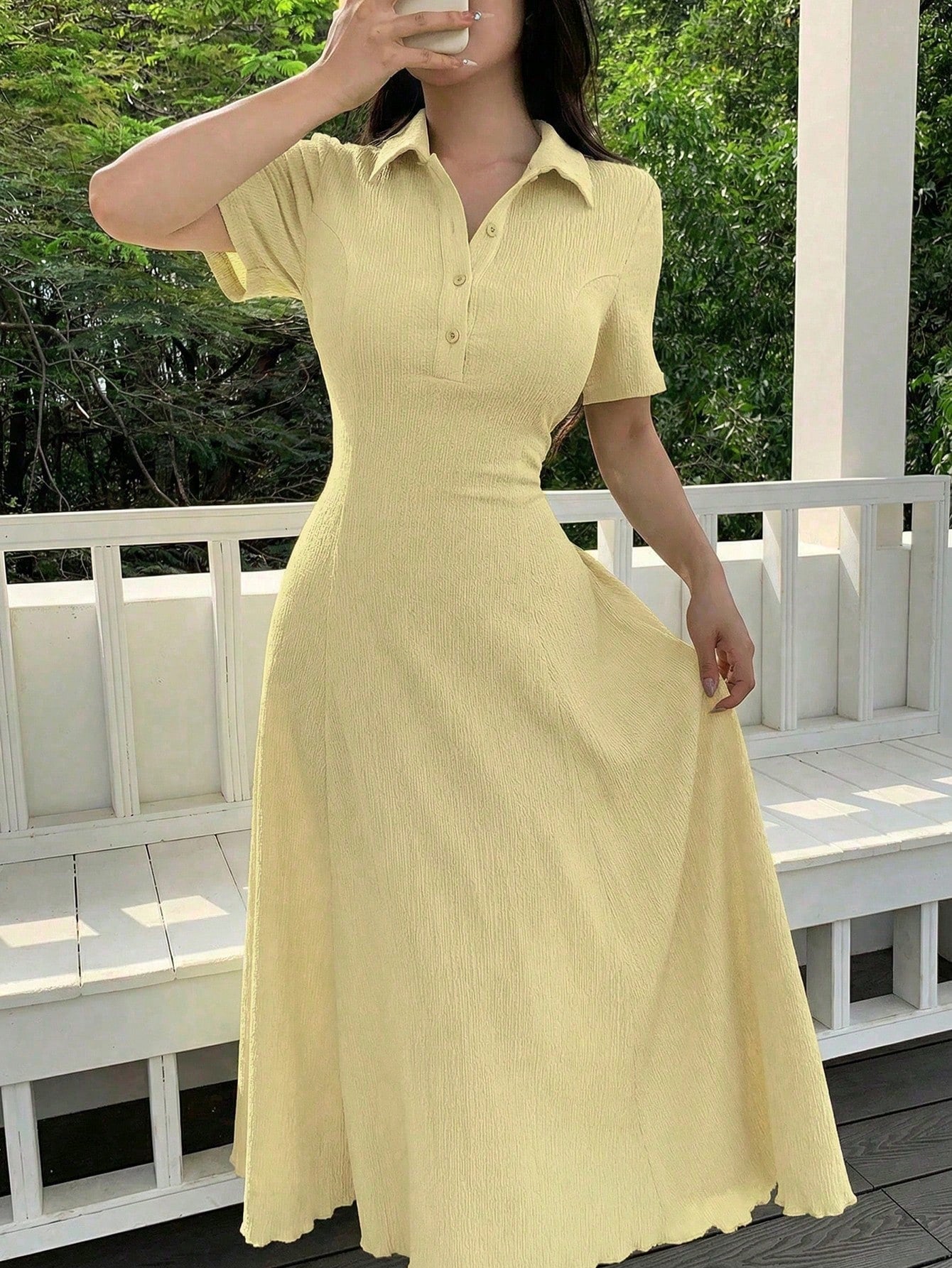 Modelyn Women's Pale Yellow Summer Elegant Tea Party Dress,Polo Collar Button-Front Textured A-Line Midi Dress,Short Sleeve Two-Way Stretch Spandex Knit Gown