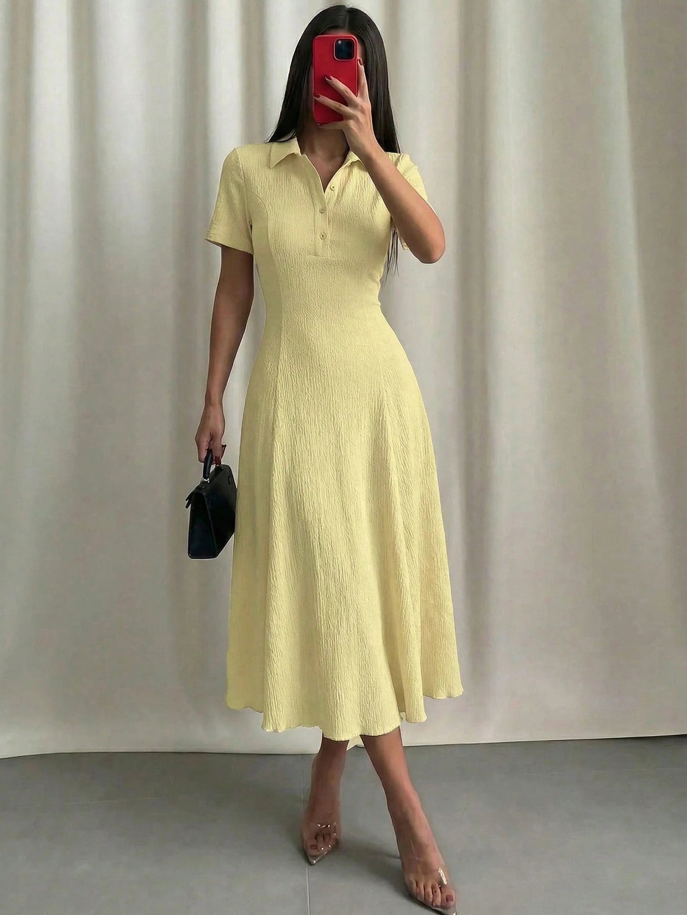 Modelyn Women's Pale Yellow Summer Elegant Tea Party Dress,Polo Collar Button-Front Textured A-Line Midi Dress,Short Sleeve Two-Way Stretch Spandex Knit Gown