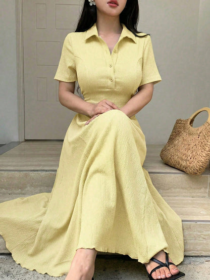 Modelyn Women's Pale Yellow Summer Elegant Tea Party Dress,Polo Collar Button-Front Textured A-Line Midi Dress,Short Sleeve Two-Way Stretch Spandex Knit Gown