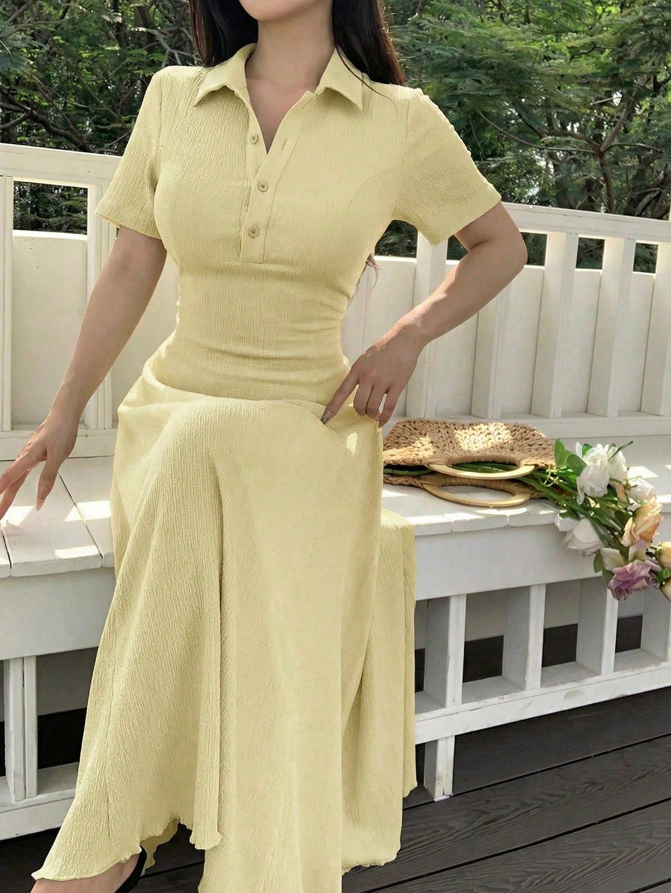 Modelyn Women's Pale Yellow Summer Elegant Tea Party Dress,Polo Collar Button-Front Textured A-Line Midi Dress,Short Sleeve Two-Way Stretch Spandex Knit Gown