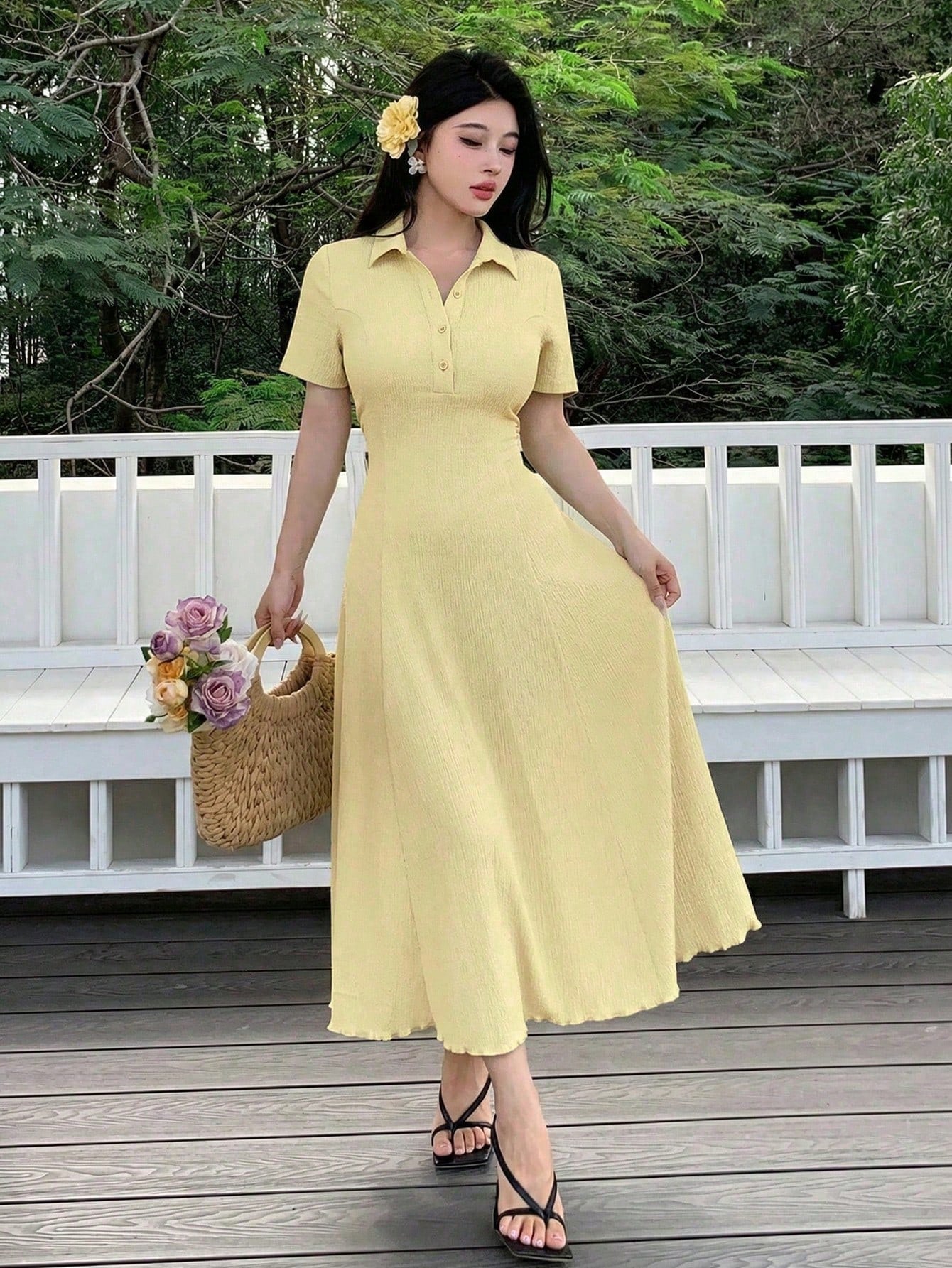 Modelyn Women's Pale Yellow Summer Elegant Tea Party Dress,Polo Collar Button-Front Textured A-Line Midi Dress,Short Sleeve Two-Way Stretch Spandex Knit Gown