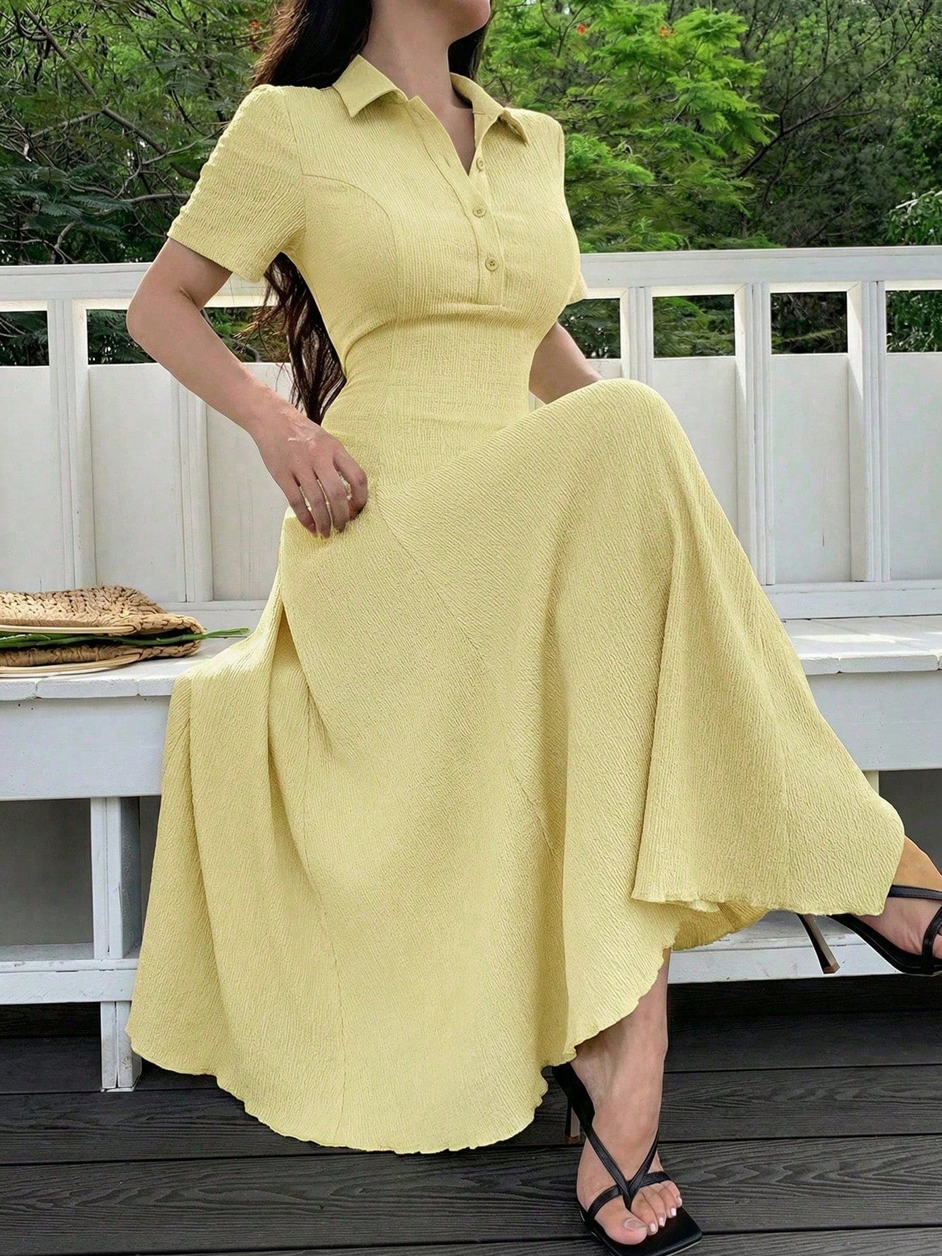 Modelyn Women's Pale Yellow Summer Elegant Tea Party Dress,Polo Collar Button-Front Textured A-Line Midi Dress,Short Sleeve Two-Way Stretch Spandex Knit Gown