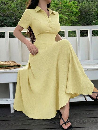 Modelyn Women's Pale Yellow Summer Elegant Tea Party Dress,Polo Collar Button-Front Textured A-Line Midi Dress,Short Sleeve Two-Way Stretch Spandex Knit Gown