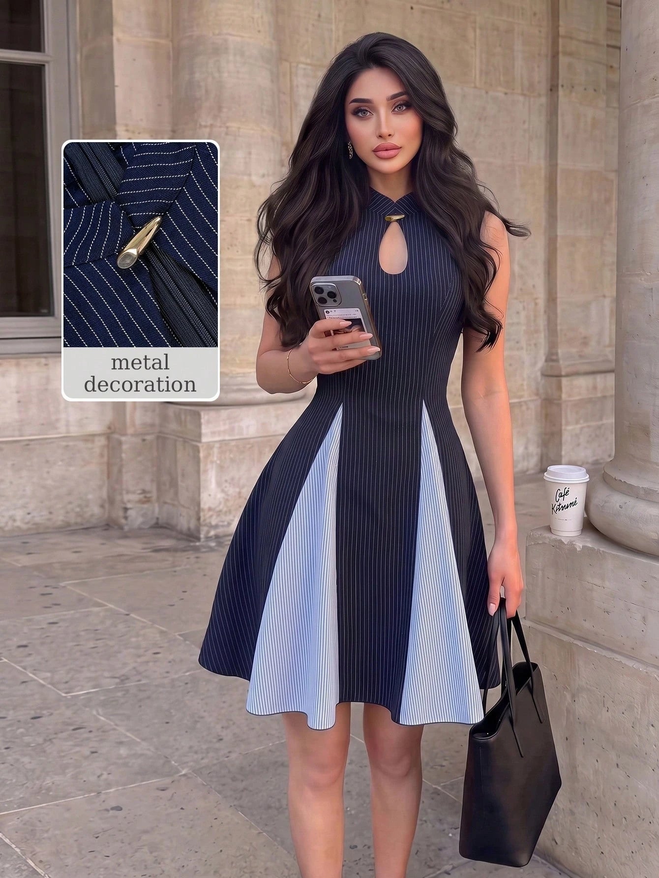 Modelyn Women's Spring/Summer Blue Woven Striped & Light Blue Striped Patchwork Cinched Waist A-Line Sleeveless Metal Button Elegant Romantic Short Dress