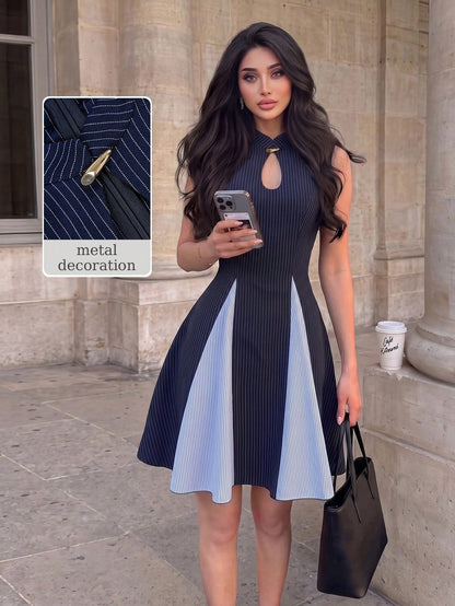 Modelyn Women's Spring/Summer Blue Woven Striped & Light Blue Striped Patchwork Cinched Waist A-Line Sleeveless Metal Button Elegant Romantic Short Dress