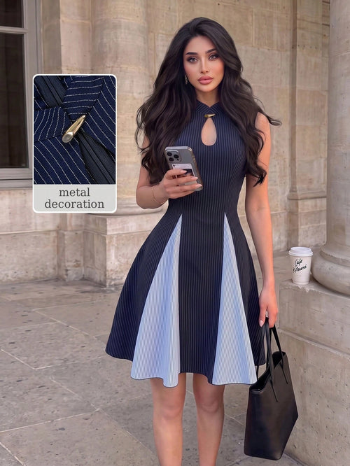 Modelyn Women's Spring/Summer Blue Woven Striped & Light Blue Striped Patchwork Cinched Waist A-Line Sleeveless Metal Button Elegant Romantic Short Dress