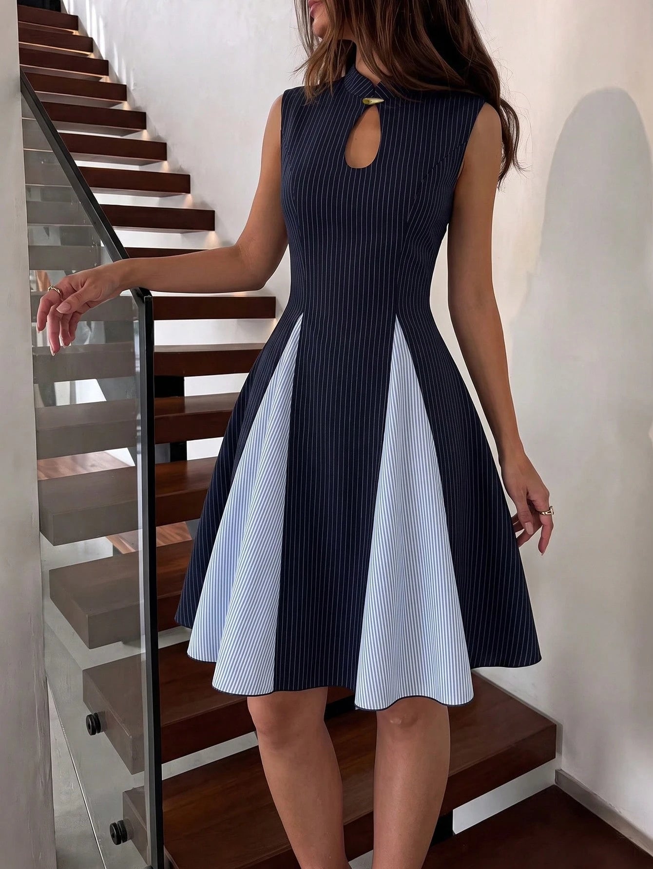 Modelyn Women's Spring/Summer Blue Woven Striped & Light Blue Striped Patchwork Cinched Waist A-Line Sleeveless Metal Button Elegant Romantic Short Dress