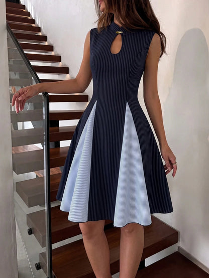 Modelyn Women's Spring/Summer Blue Woven Striped & Light Blue Striped Patchwork Cinched Waist A-Line Sleeveless Metal Button Elegant Romantic Short Dress