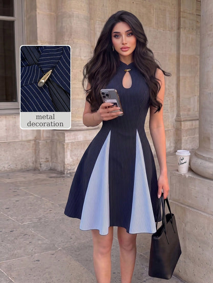Modelyn Women's Spring/Summer Blue Woven Striped & Light Blue Striped Patchwork Cinched Waist A-Line Sleeveless Metal Button Elegant Romantic Short Dress