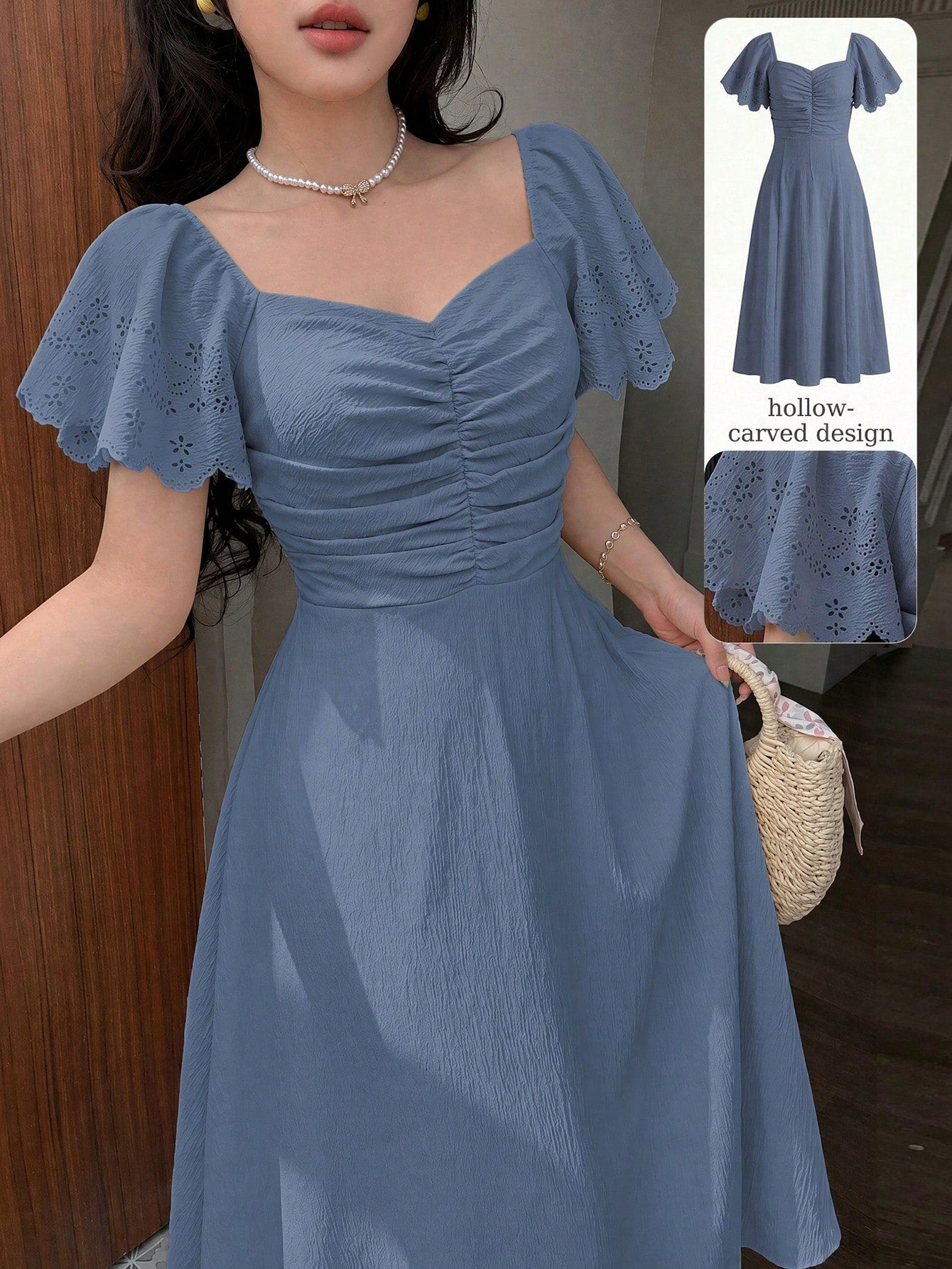 Modelyn Women's Spring/Summer Yellow Woven Short Sleeve Cinched Waist A-Line Burnout Pleated Elegant Romantic Midi Dress
