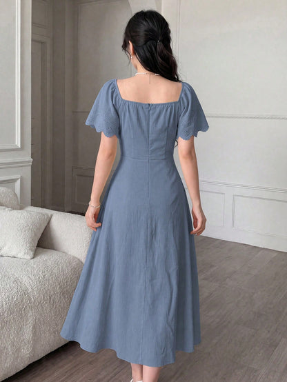 Modelyn Women's Spring/Summer Yellow Woven Short Sleeve Cinched Waist A-Line Burnout Pleated Elegant Romantic Midi Dress