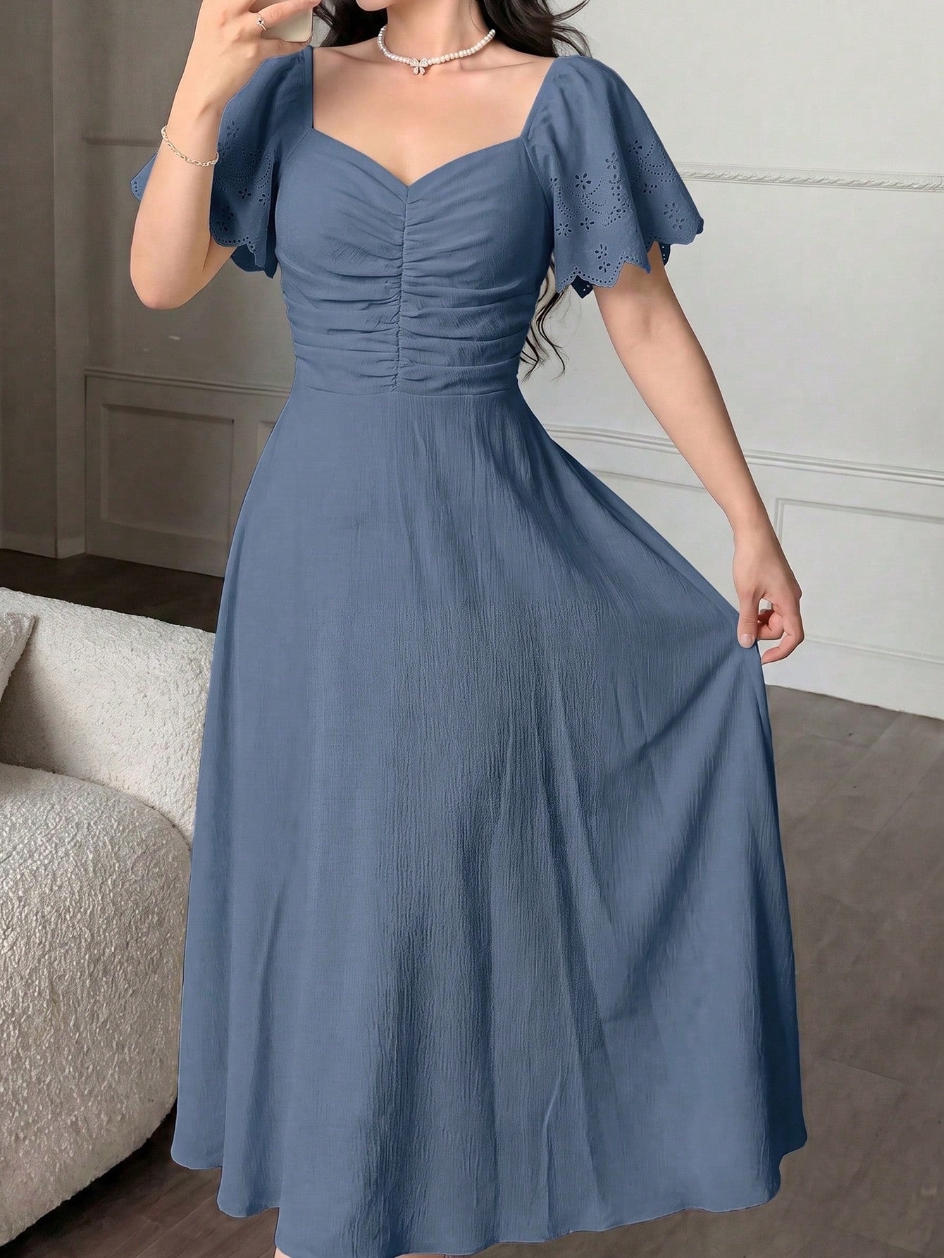 Modelyn Women's Spring/Summer Yellow Woven Short Sleeve Cinched Waist A-Line Burnout Pleated Elegant Romantic Midi Dress
