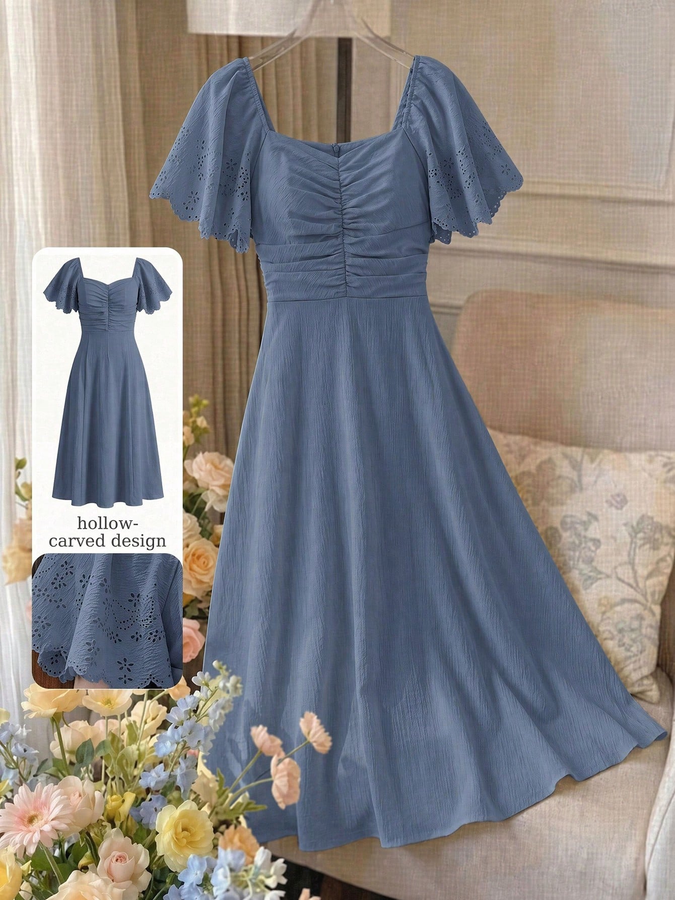 Modelyn Women's Spring/Summer Yellow Woven Short Sleeve Cinched Waist A-Line Burnout Pleated Elegant Romantic Midi Dress