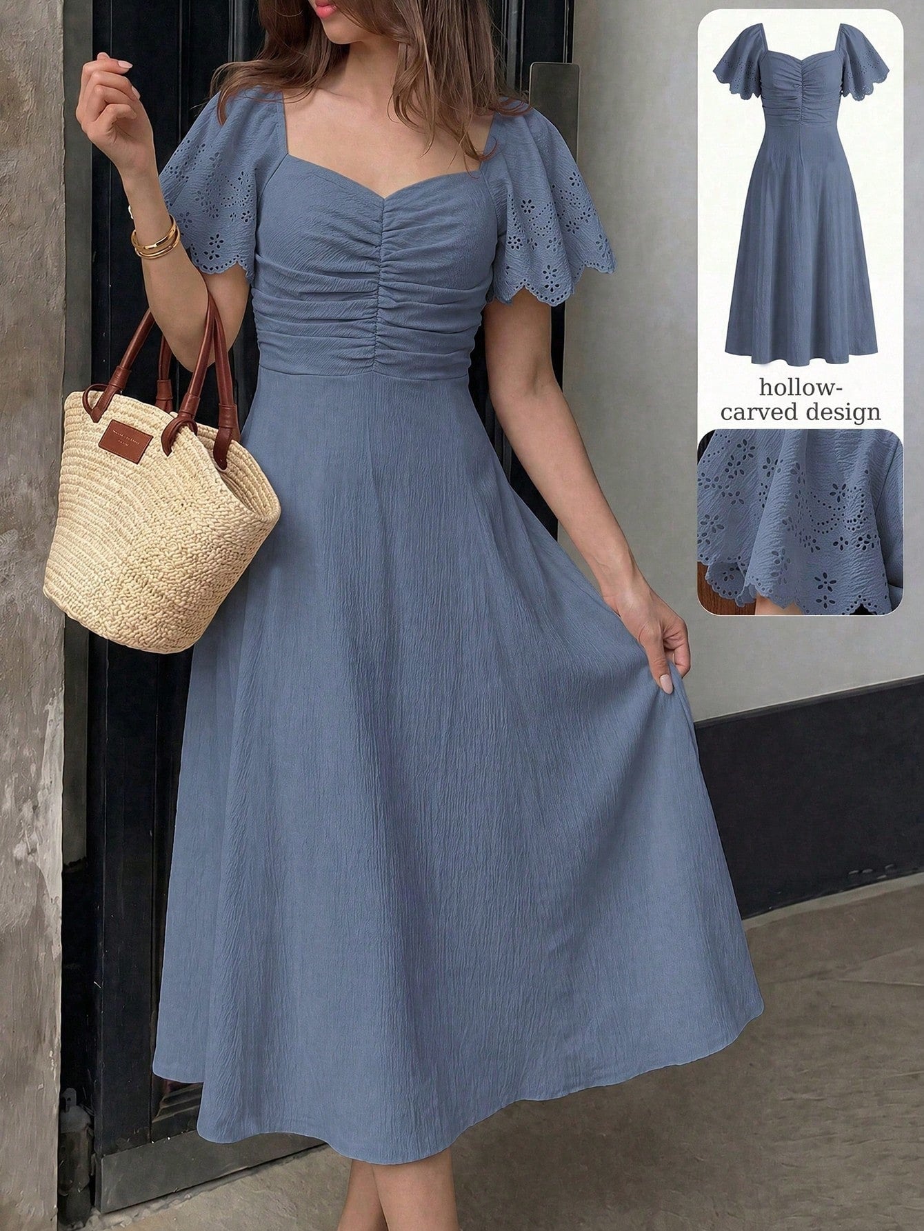 Modelyn Women's Spring/Summer Yellow Woven Short Sleeve Cinched Waist A-Line Burnout Pleated Elegant Romantic Midi Dress