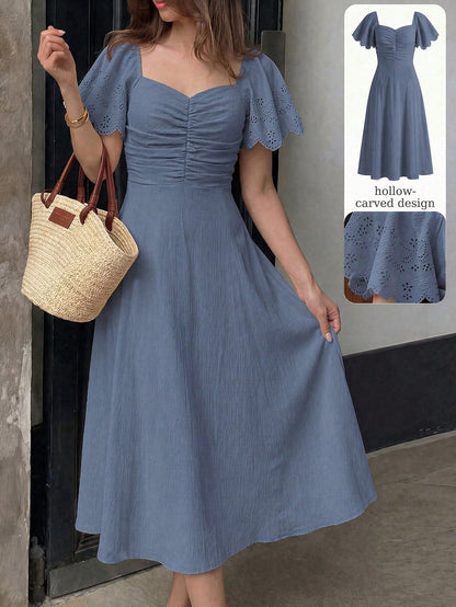 Modelyn Women's Spring/Summer Yellow Woven Short Sleeve Cinched Waist A-Line Burnout Pleated Elegant Romantic Midi Dress