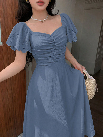 Modelyn Women's Spring/Summer Yellow Woven Short Sleeve Cinched Waist A-Line Burnout Pleated Elegant Romantic Midi Dress