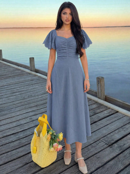 Modelyn Women's Spring/Summer Yellow Woven Short Sleeve Cinched Waist A-Line Burnout Pleated Elegant Romantic Midi Dress