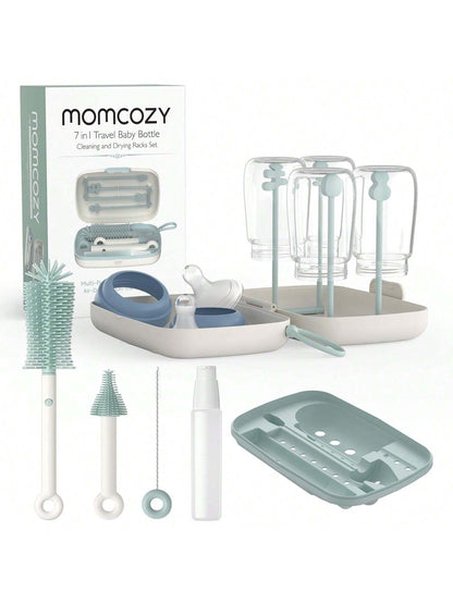 Momcozy Protable Bottle Brush Set- Baby Bottle Cleaner Kit With Silicone Brush, Nipple Brush, Straw Brush, Soap Dispenser, Drying Rack- 6 In 1 Bottle Cleaning Tool For Home And Travel