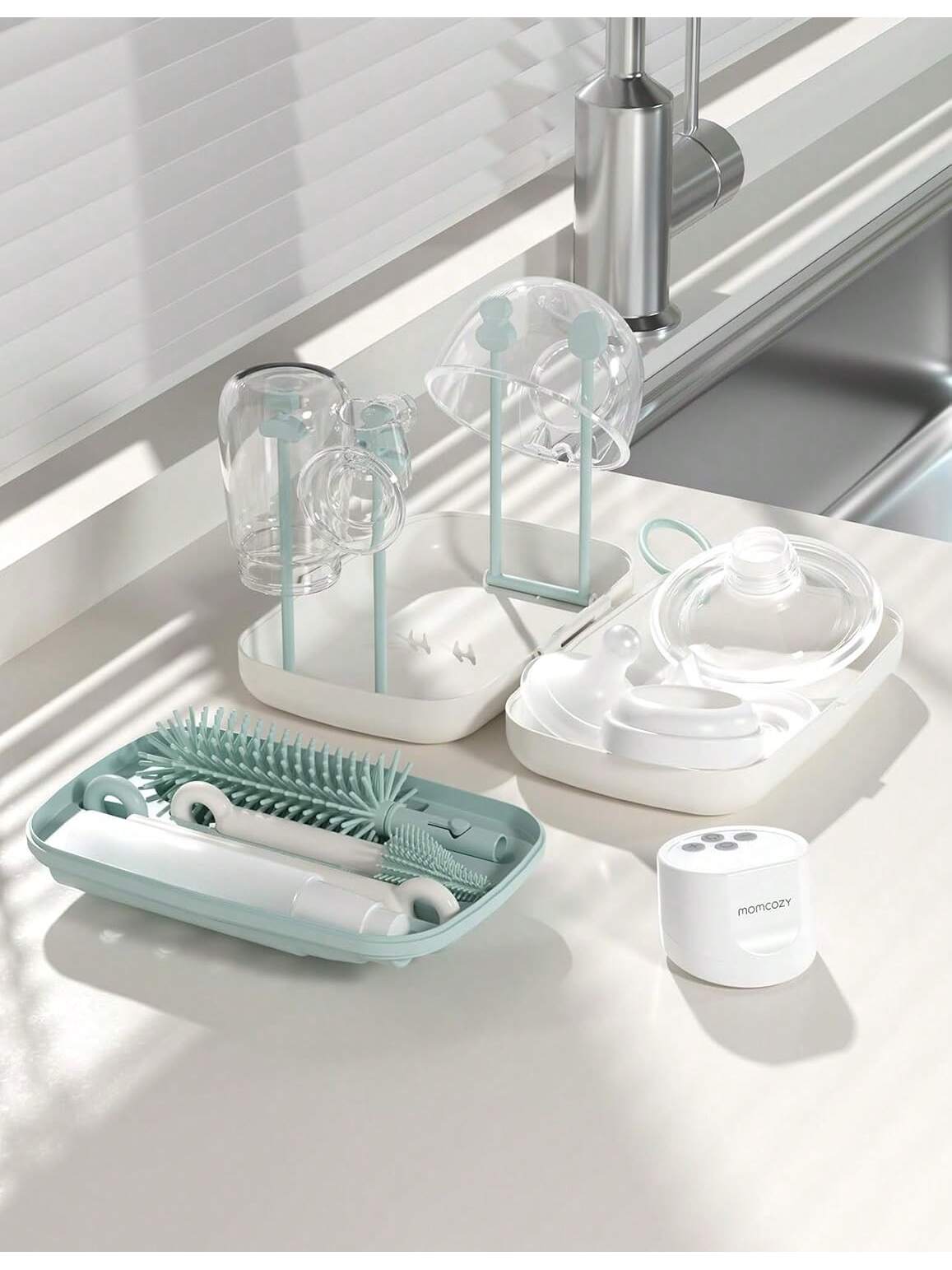 Momcozy Protable Bottle Brush Set- Baby Bottle Cleaner Kit With Silicone Brush, Nipple Brush, Straw Brush, Soap Dispenser, Drying Rack- 6 In 1 Bottle Cleaning Tool For Home And Travel