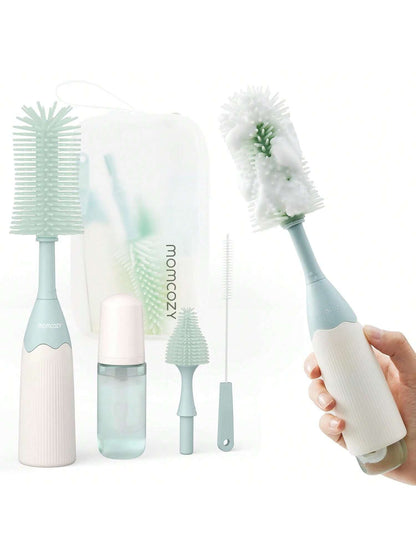 Momcozy Protable Bottle Brush Set- Baby Bottle Cleaner Kit With Silicone Brush, Nipple Brush, Straw Brush, Soap Dispenser, Drying Rack- 6 In 1 Bottle Cleaning Tool For Home And Travel