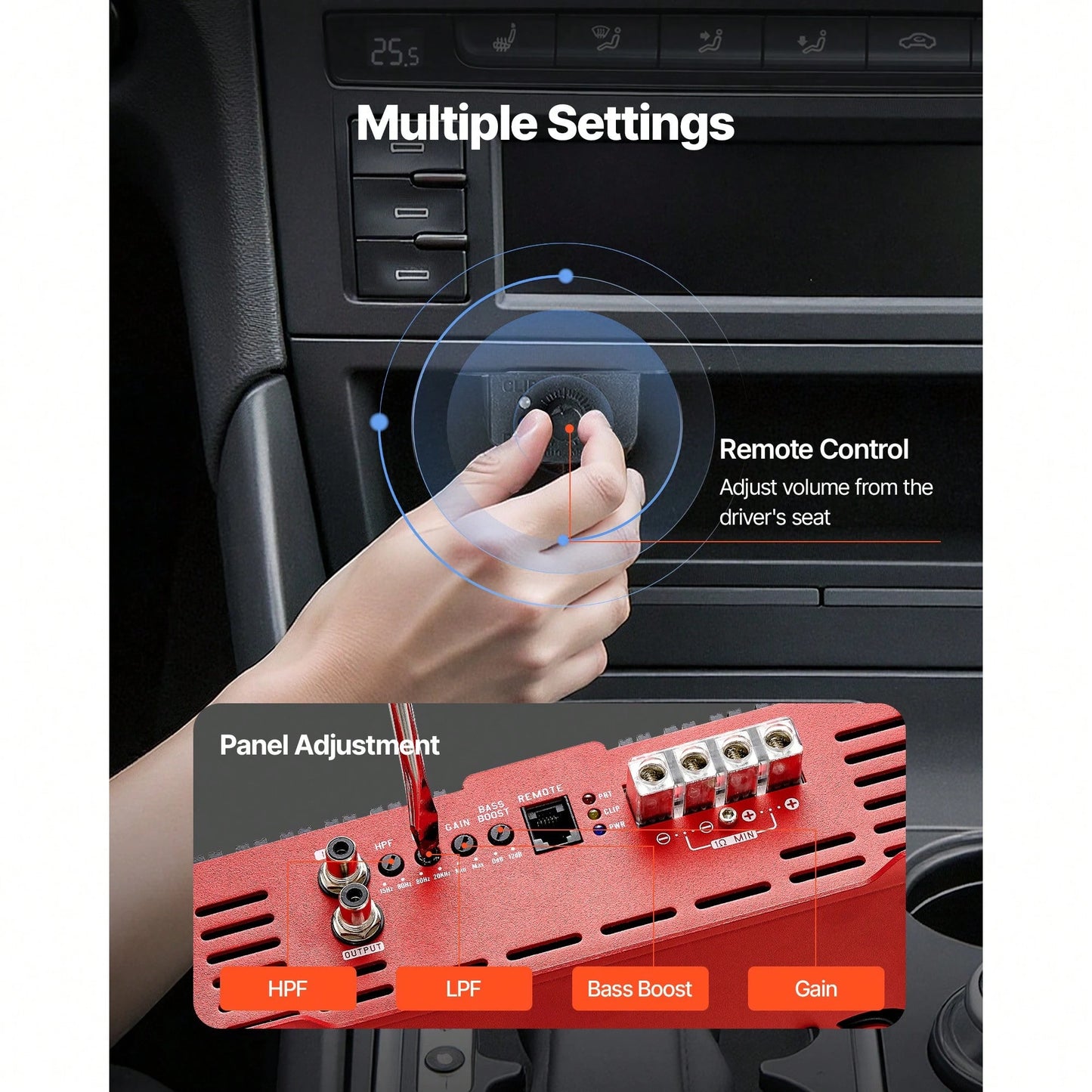 Monoblock Car Amplifier, 3000W R MS MAX, 1/2/4 Ohm Stable, 1-Channel Class D Car Audio Amplifier With Remote Subwoofer Level Control, Low Pass Filter And Bass Boost, Volume Controller Included