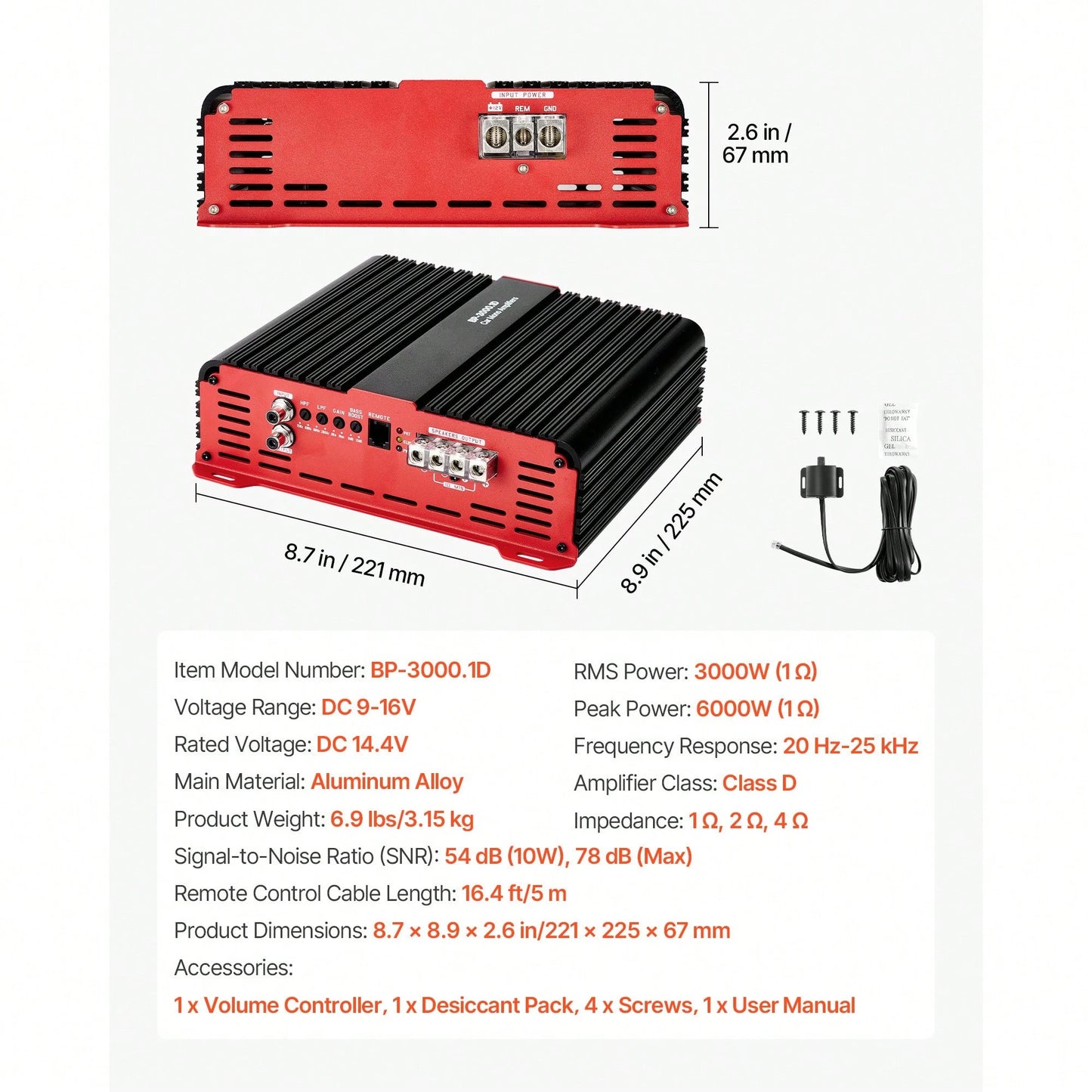 Monoblock Car Amplifier, 3000W R MS MAX, 1/2/4 Ohm Stable, 1-Channel Class D Car Audio Amplifier With Remote Subwoofer Level Control, Low Pass Filter And Bass Boost, Volume Controller Included