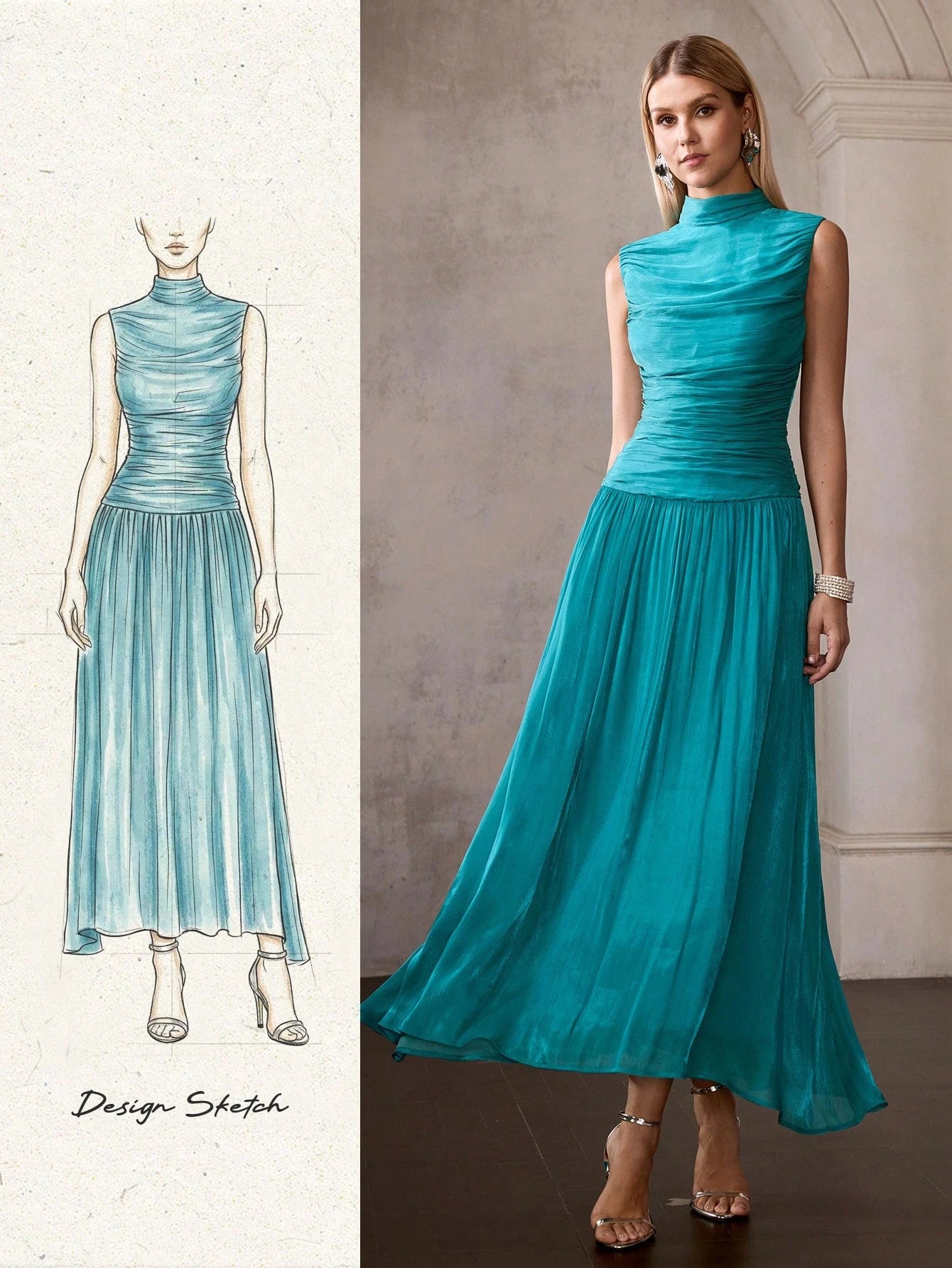 MOTF PREMIUM FRENCH STYLE ELEGANT SLEEVELESS MOCK NECK PLEATED CINCHED WAIST LONG DRESS FOR WOMEN