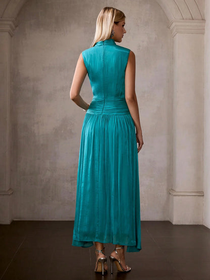 MOTF PREMIUM FRENCH STYLE ELEGANT SLEEVELESS MOCK NECK PLEATED CINCHED WAIST LONG DRESS FOR WOMEN