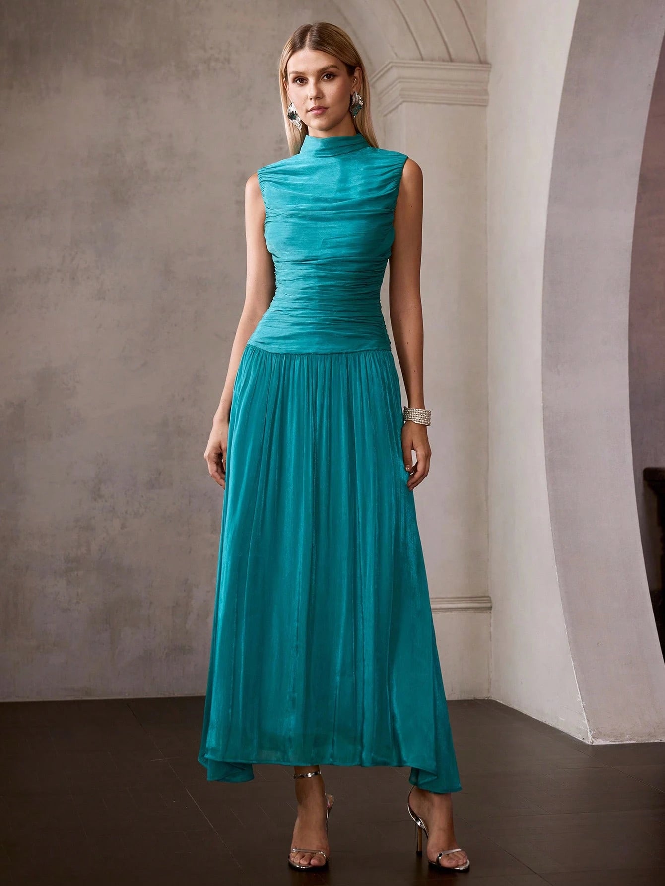MOTF PREMIUM FRENCH STYLE ELEGANT SLEEVELESS MOCK NECK PLEATED CINCHED WAIST LONG DRESS FOR WOMEN