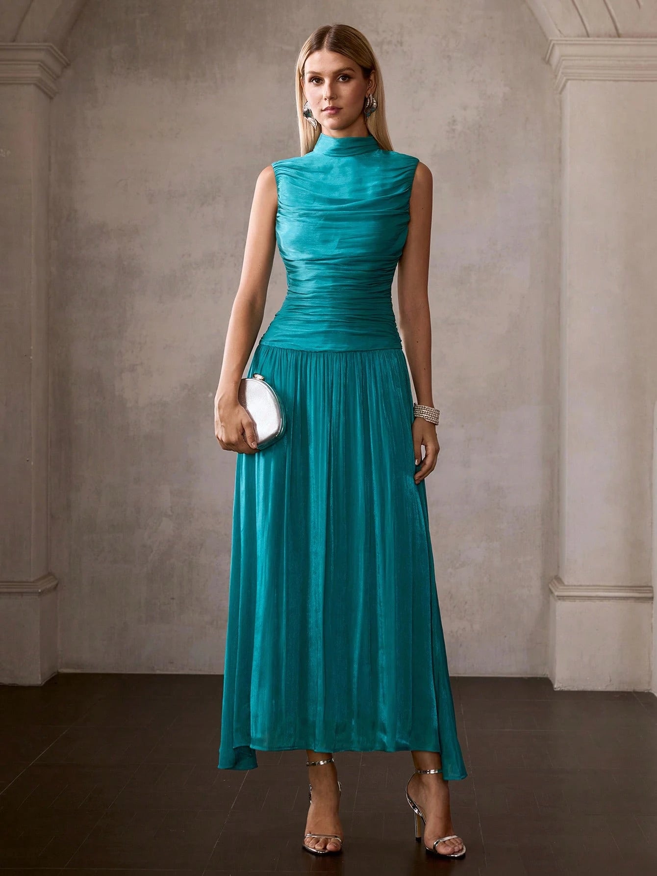 MOTF PREMIUM FRENCH STYLE ELEGANT SLEEVELESS MOCK NECK PLEATED CINCHED WAIST LONG DRESS FOR WOMEN