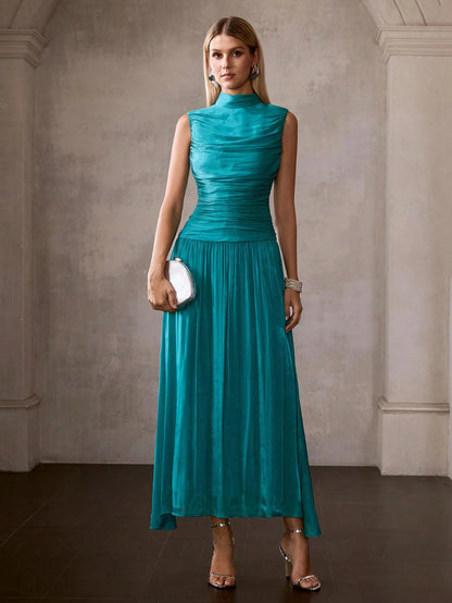 MOTF PREMIUM FRENCH STYLE ELEGANT SLEEVELESS MOCK NECK PLEATED CINCHED WAIST LONG DRESS FOR WOMEN