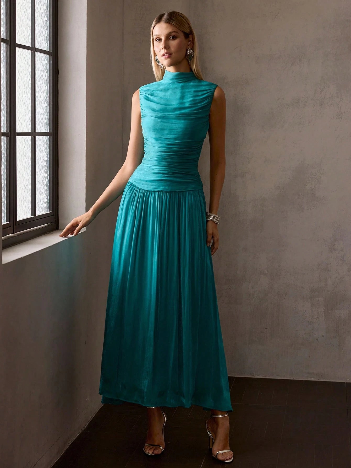 MOTF PREMIUM FRENCH STYLE ELEGANT SLEEVELESS MOCK NECK PLEATED CINCHED WAIST LONG DRESS FOR WOMEN