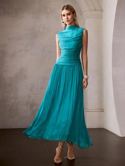 MOTF PREMIUM FRENCH STYLE ELEGANT SLEEVELESS MOCK NECK PLEATED CINCHED WAIST LONG DRESS FOR WOMEN