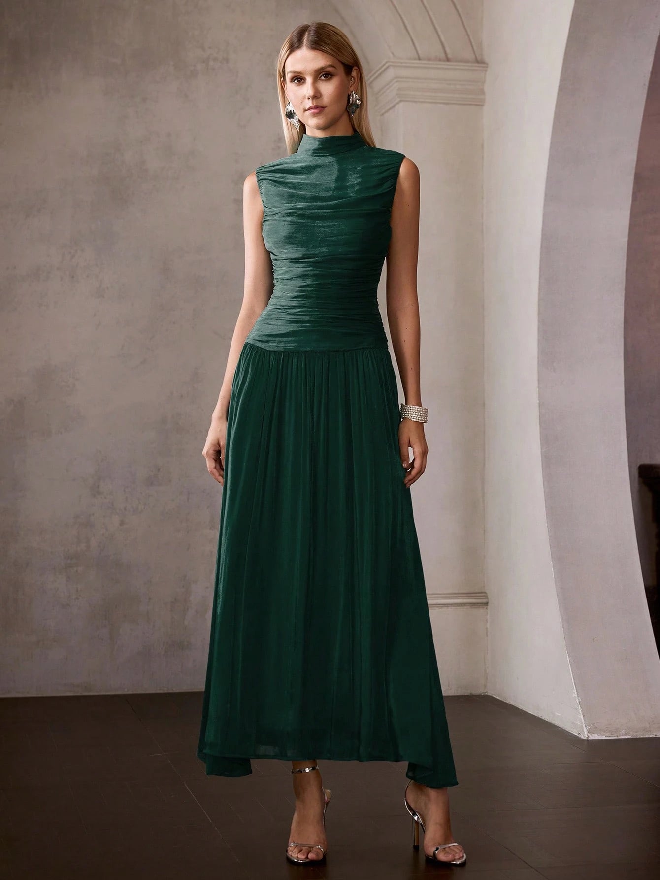 MOTF PREMIUM FRENCH STYLE ELEGANT SLEEVELESS MOCK NECK PLEATED CINCHED WAIST LONG DRESS FOR WOMEN