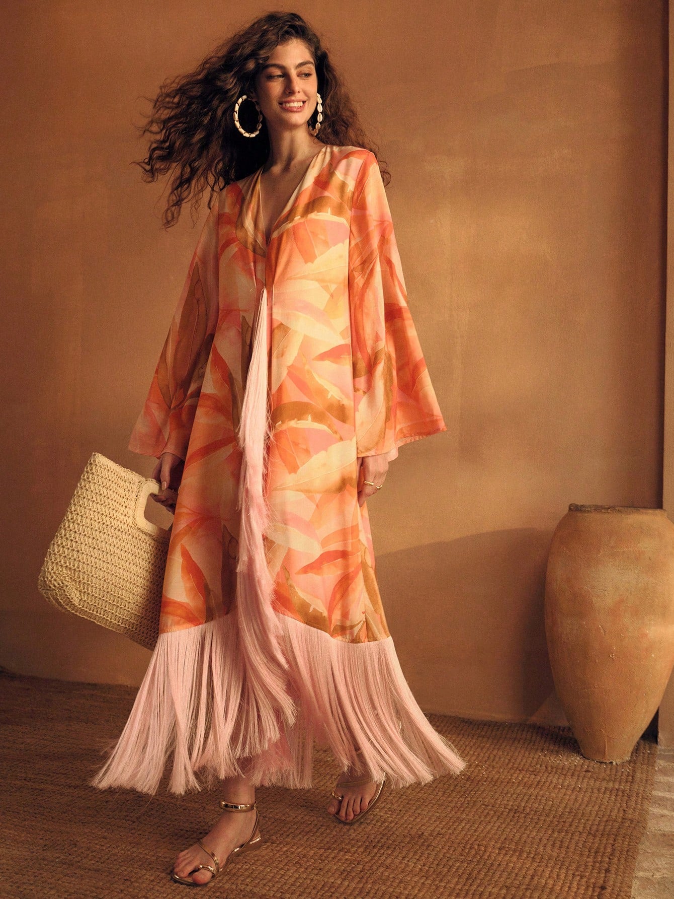 MOTF PREMIUM WOMEN'S LINEN PRINTED TASSEL ROBE, VACATION WEAR