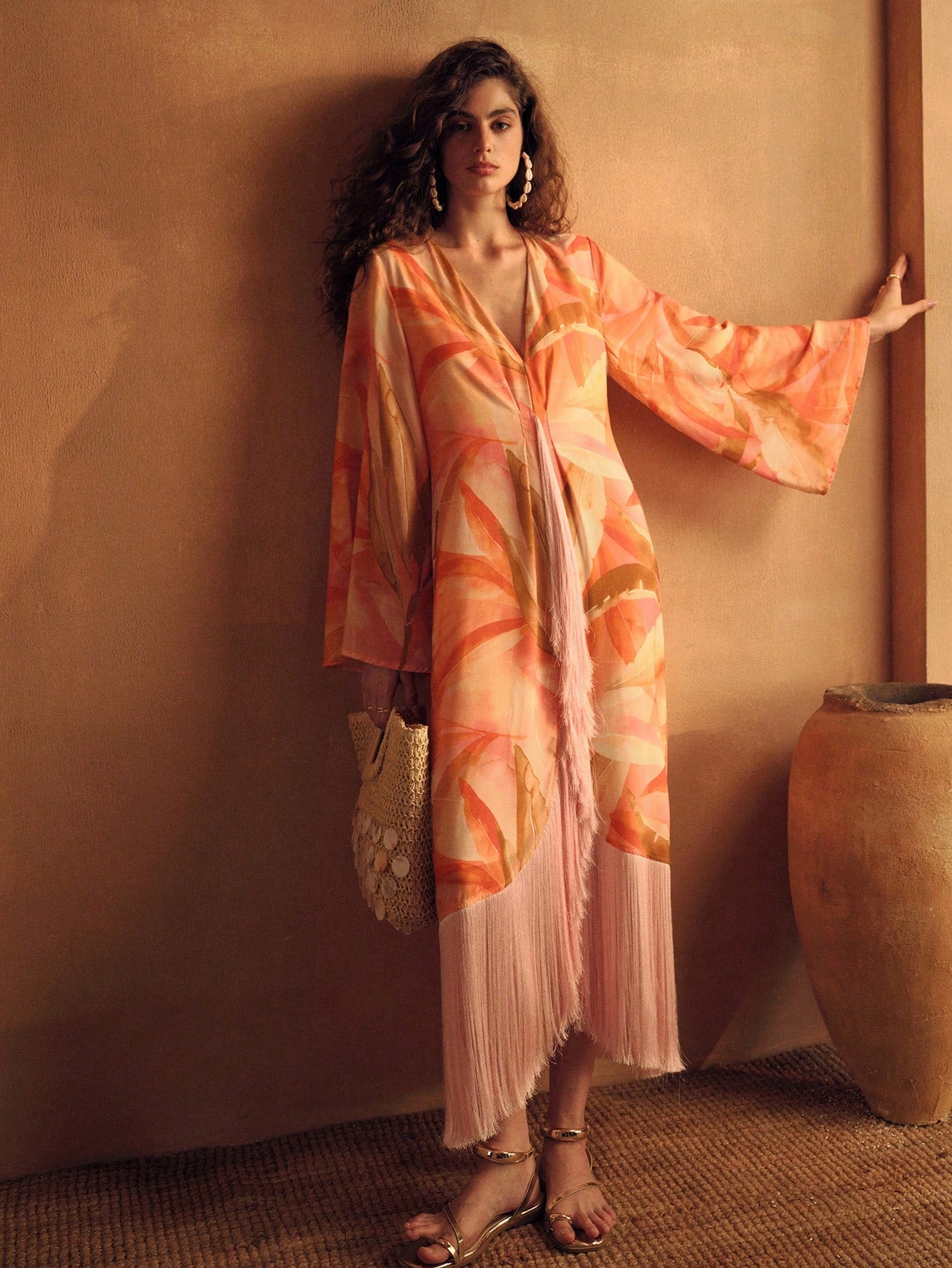 MOTF PREMIUM WOMEN'S LINEN PRINTED TASSEL ROBE, VACATION WEAR