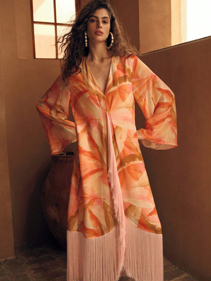 MOTF PREMIUM WOMEN'S LINEN PRINTED TASSEL ROBE, VACATION WEAR