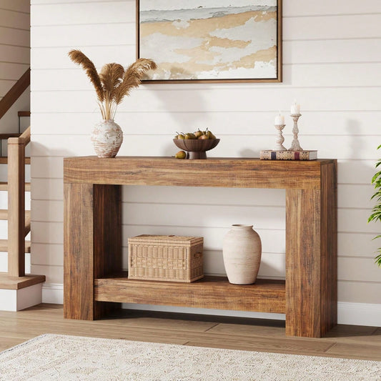 mteryoing 47.24 Inches Long Console Table For Entryway, 2-Tier Large Sofa Table With Storage, Wood Farmhouse Console Table For Living Room, Wooden Entrance Entry Table For Entryway