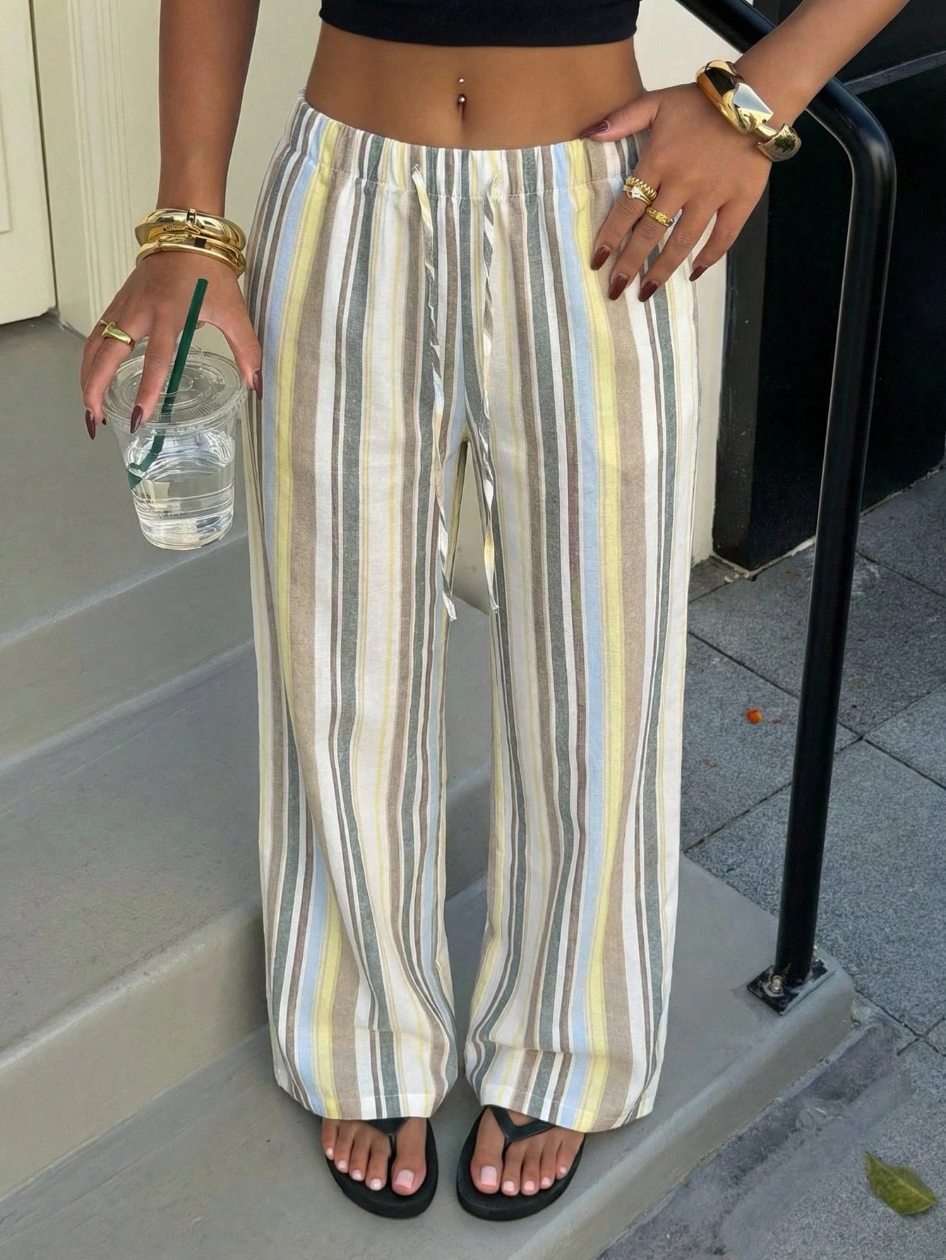 Muchica Striped Print Drawstring Waist Casual Wide Leg Woven Women Pants,Summer Outfits For Women,Beach Outfits