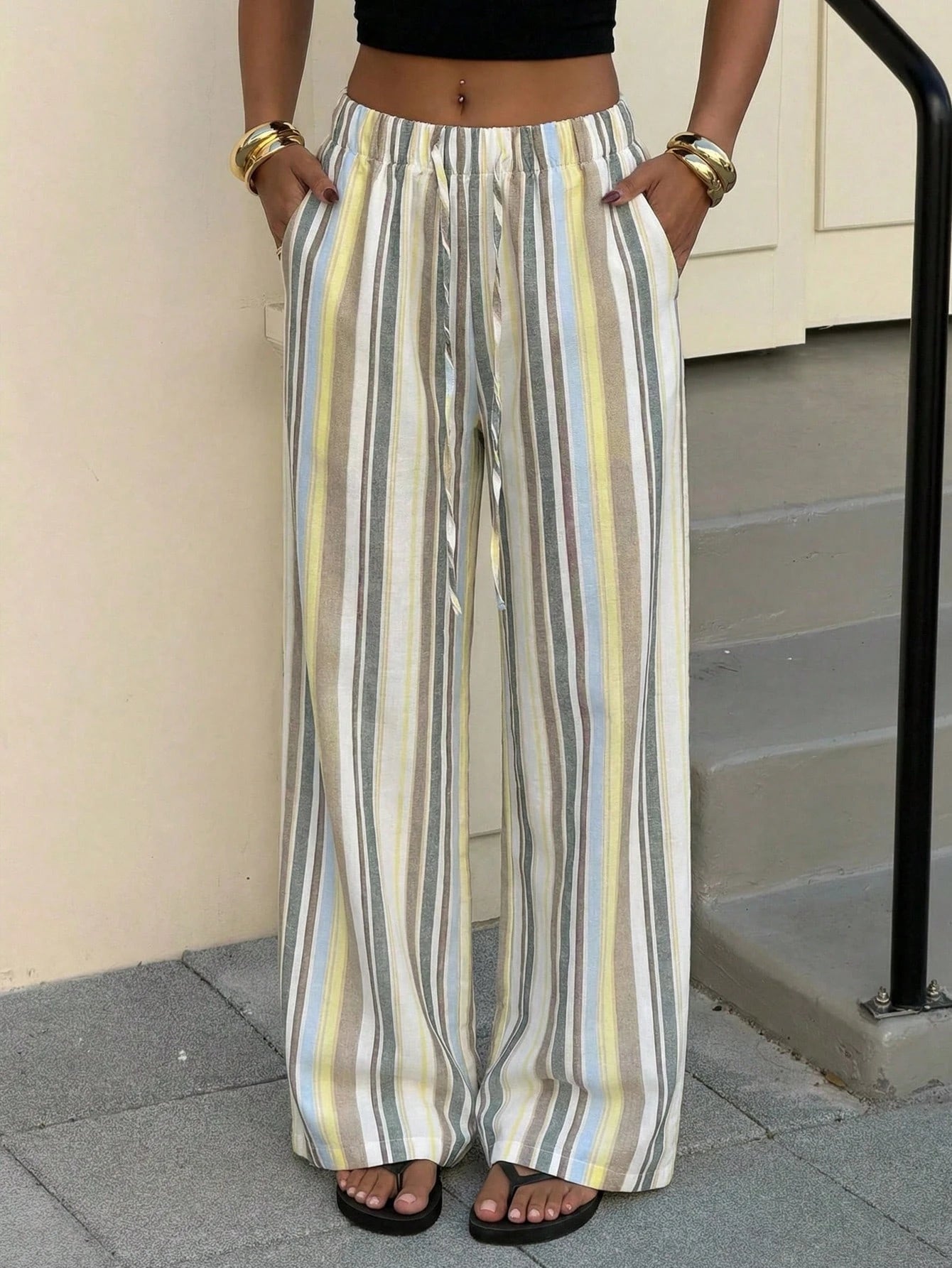 Muchica Striped Print Drawstring Waist Casual Wide Leg Woven Women Pants,Summer Outfits For Women,Beach Outfits