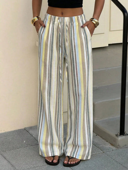 Muchica Striped Print Drawstring Waist Casual Wide Leg Woven Women Pants,Summer Outfits For Women,Beach Outfits