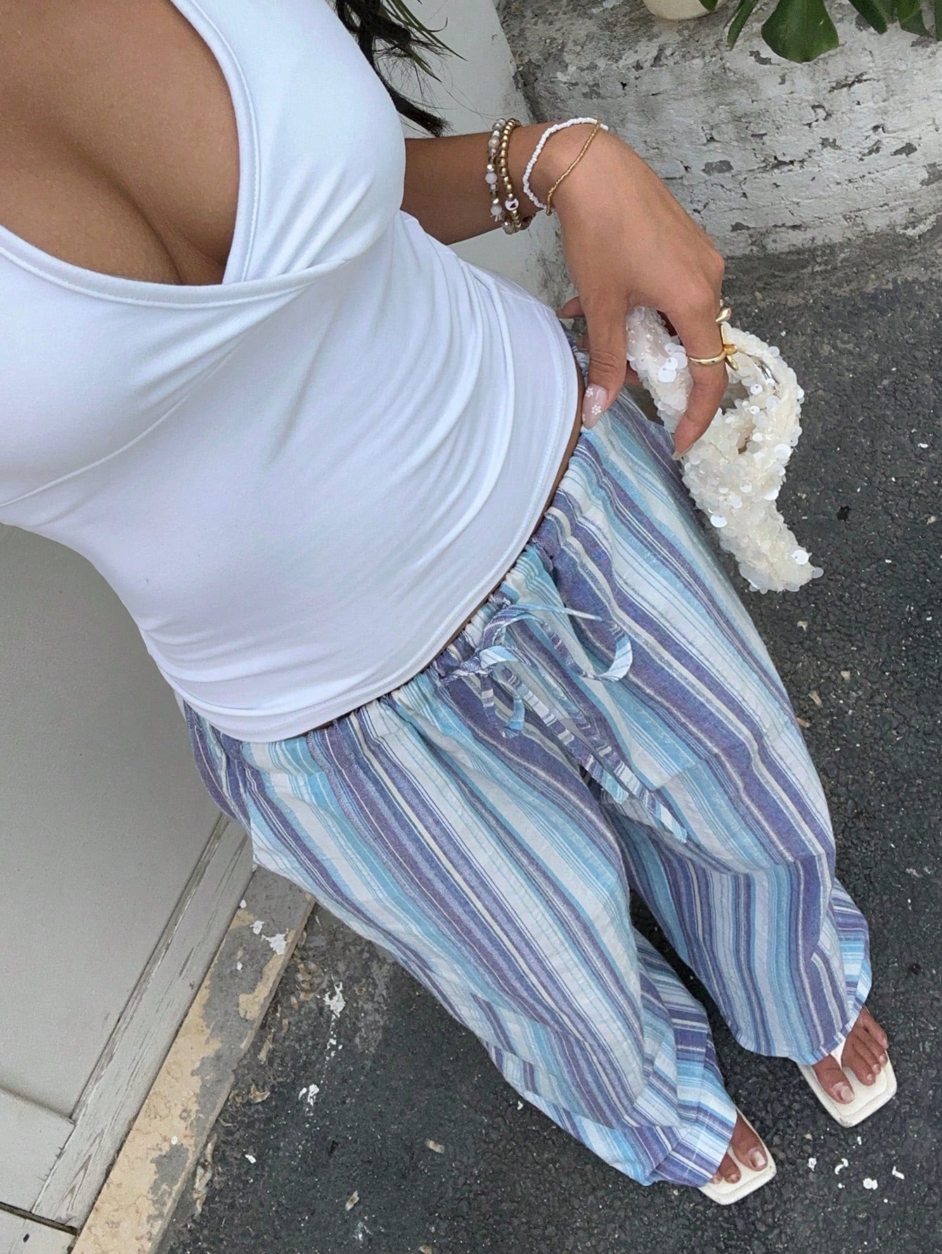 Muchica Striped Print Drawstring Waist Casual Wide Leg Woven Women Pants,Summer Outfits For Women,Beach Outfits