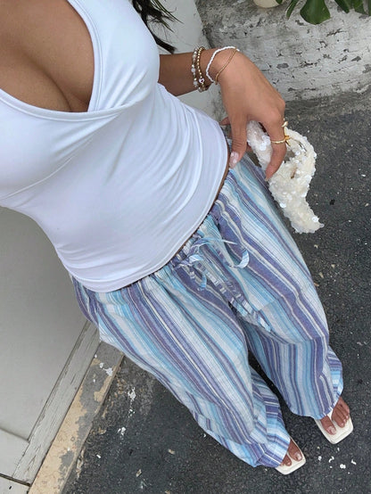 Muchica Striped Print Drawstring Waist Casual Wide Leg Woven Women Pants,Summer Outfits For Women,Beach Outfits