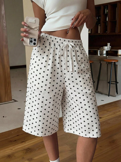 Muchica Women's Casual Low-Waist Shorts, Mid-Thigh Length, Polka Dot, Street Style, Casual, Versatile, Summer, Vintage Polka Dot Shorts, Casual Minimalist College Style Vintage Polka Dot Print, Autumn
