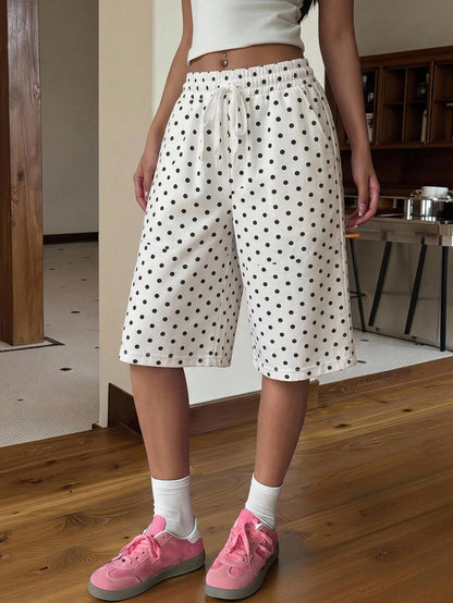 Muchica Women's Casual Low-Waist Shorts, Mid-Thigh Length, Polka Dot, Street Style, Casual, Versatile, Summer, Vintage Polka Dot Shorts, Casual Minimalist College Style Vintage Polka Dot Print, Autumn